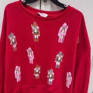 Red Sweatshirt with Sequin Nutcracker Embroidery